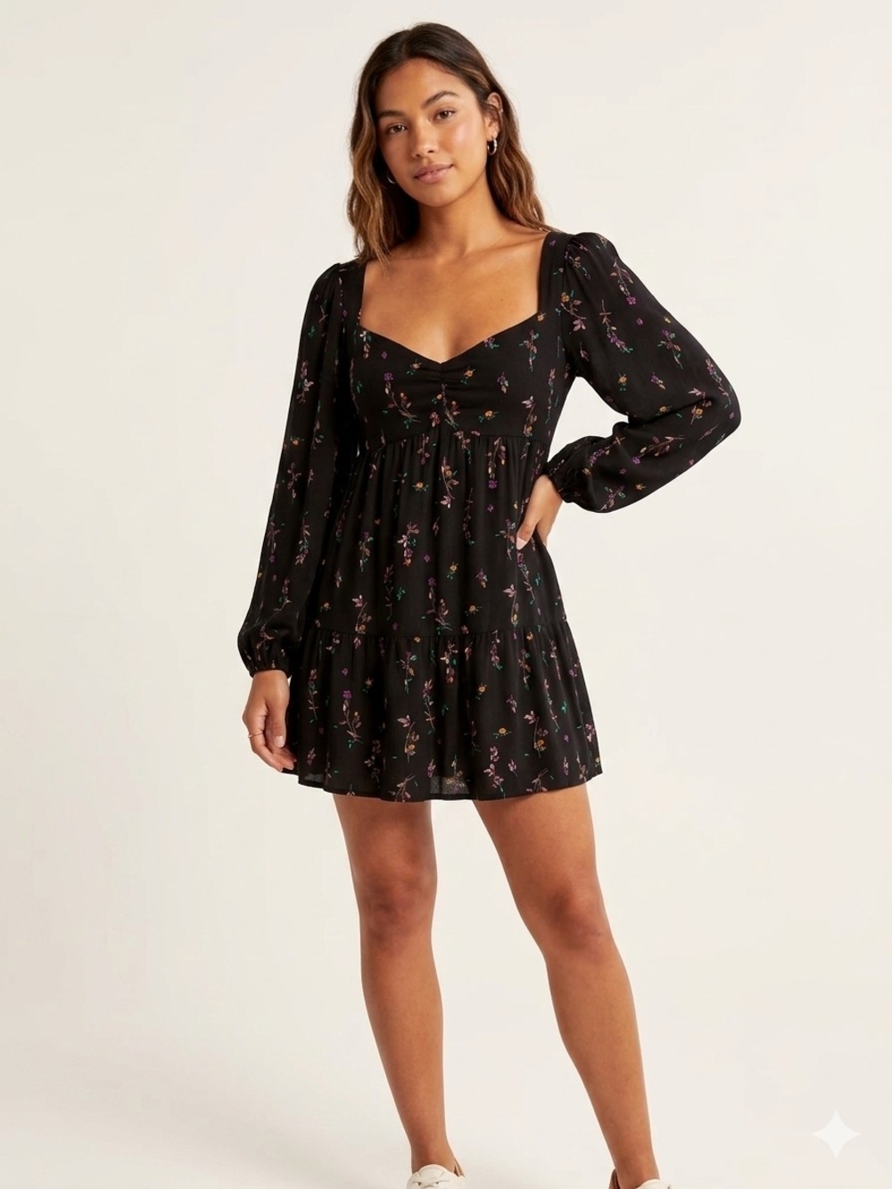 AFRM Black Floral Puff-Sleeve Mini Dress